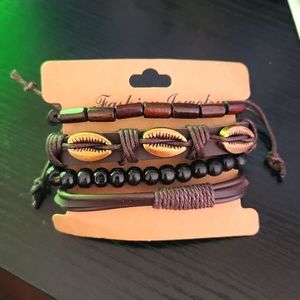 Fashion Jewelry Men's Wood and Faux Leather Bracelets Set of 4 Simple Casual